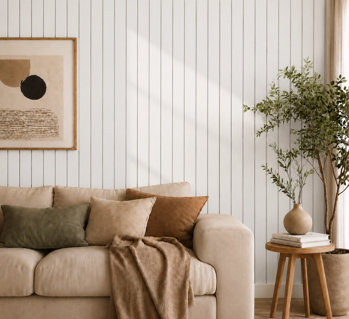 Wohnzimmer mit weißer Lamellenwand hinter beigem Sofa, gerahmtem Bild und großer Zimmerpflanze 20