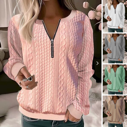 Damen Strickpullover mit Reißverschluss, Zopfmuster, rosa, gemütlich, modisch, Herbstmode.