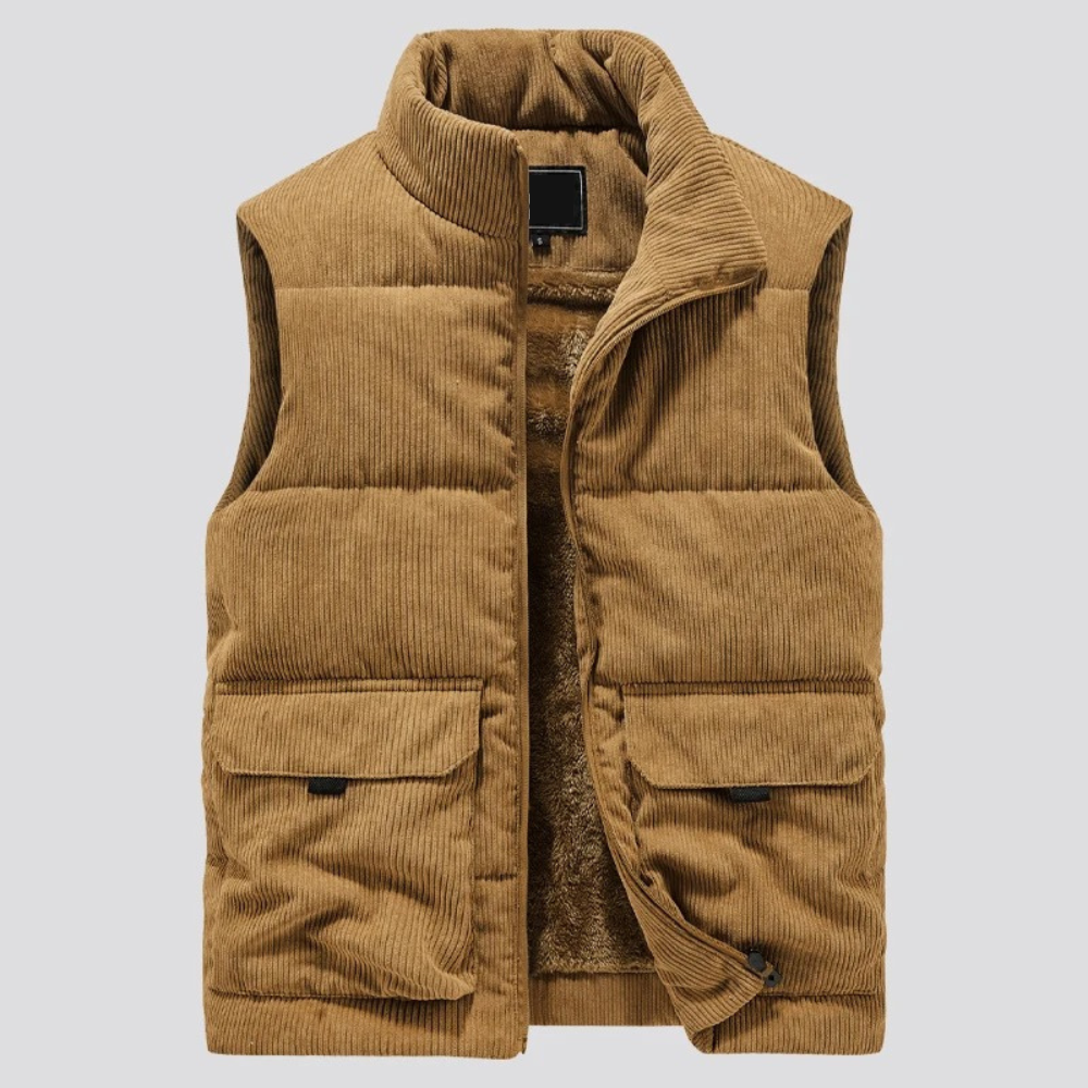 Braune Cordweste für Herren, ärmellos, mit Taschen, modisch, warm, Herbstmode.