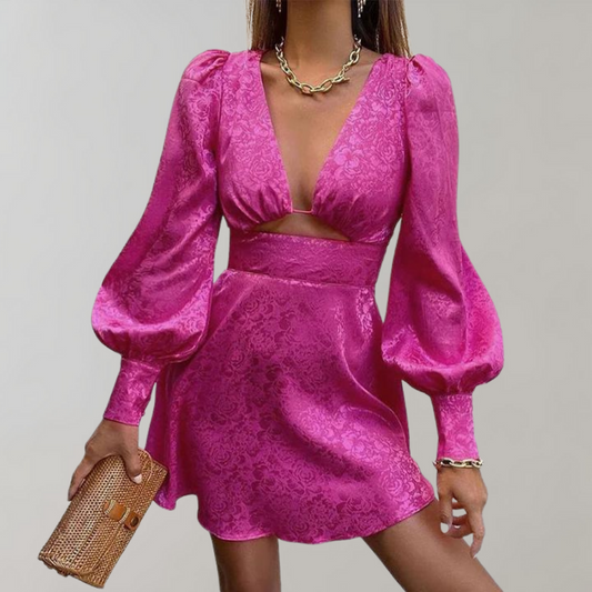 Fuchsia Minikleid mit Puffärmeln, V-Ausschnitt, Cut-Out, Damenmode, elegant, Partykleid.