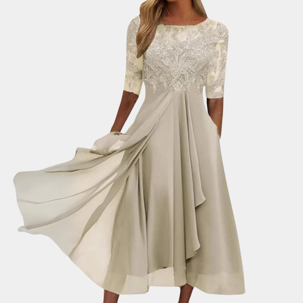 Elegantes Damenkleid, gold, Spitzenoberteil, knielang, fließend, festlich, Abendmode.