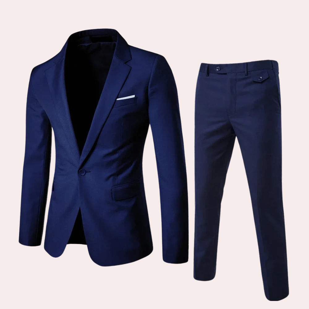 Dunkelblauer Herrenanzug, zweiteilig, elegant, aus Baumwolle, ideal für formelle Anlässe.