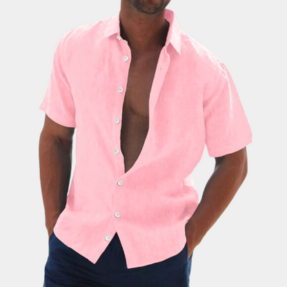 Männerhemd aus Leinen, kurzärmelig, rosa, offen, lässig, Sommermode, Knopfleiste.
