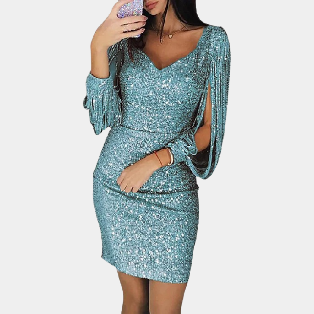 Funkelndes, hellgrünes Paillettenkleid mit langen Ärmeln, elegantes Abendkleid.