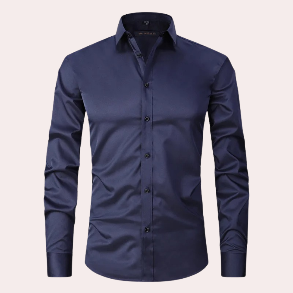 Dunkelblaues Herrenhemd, langärmelig, elegantes Design, Baumwolle, Businessmode.