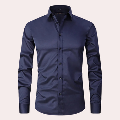 Dunkelblaues Herrenhemd, langärmelig, elegantes Design, Baumwolle, Businessmode.