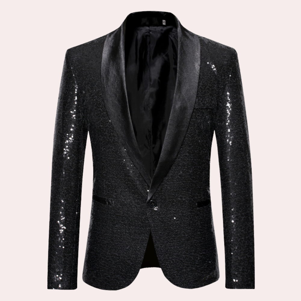 Schwarzes Pailletten-Sakko für Herren, glänzend, festlich, elegantes Abendoutfit.