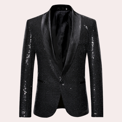 Schwarzes Pailletten-Sakko für Herren, glänzend, festlich, elegantes Abendoutfit.