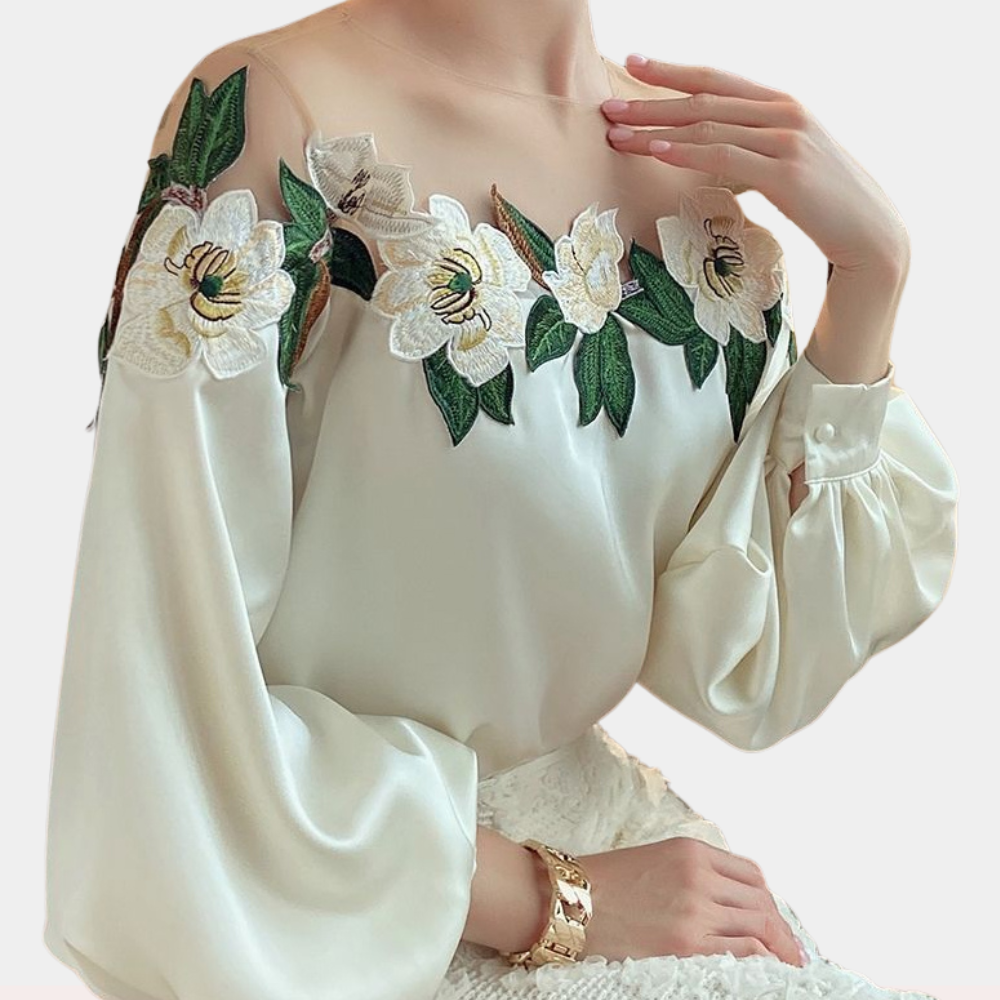 Beige Damenbluse mit Blumenmuster in lockerer Passform – Elvira