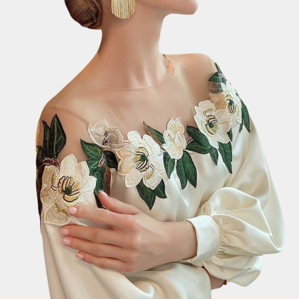 Beige Damenbluse mit Blumenmuster in lockerer Passform – Elvira