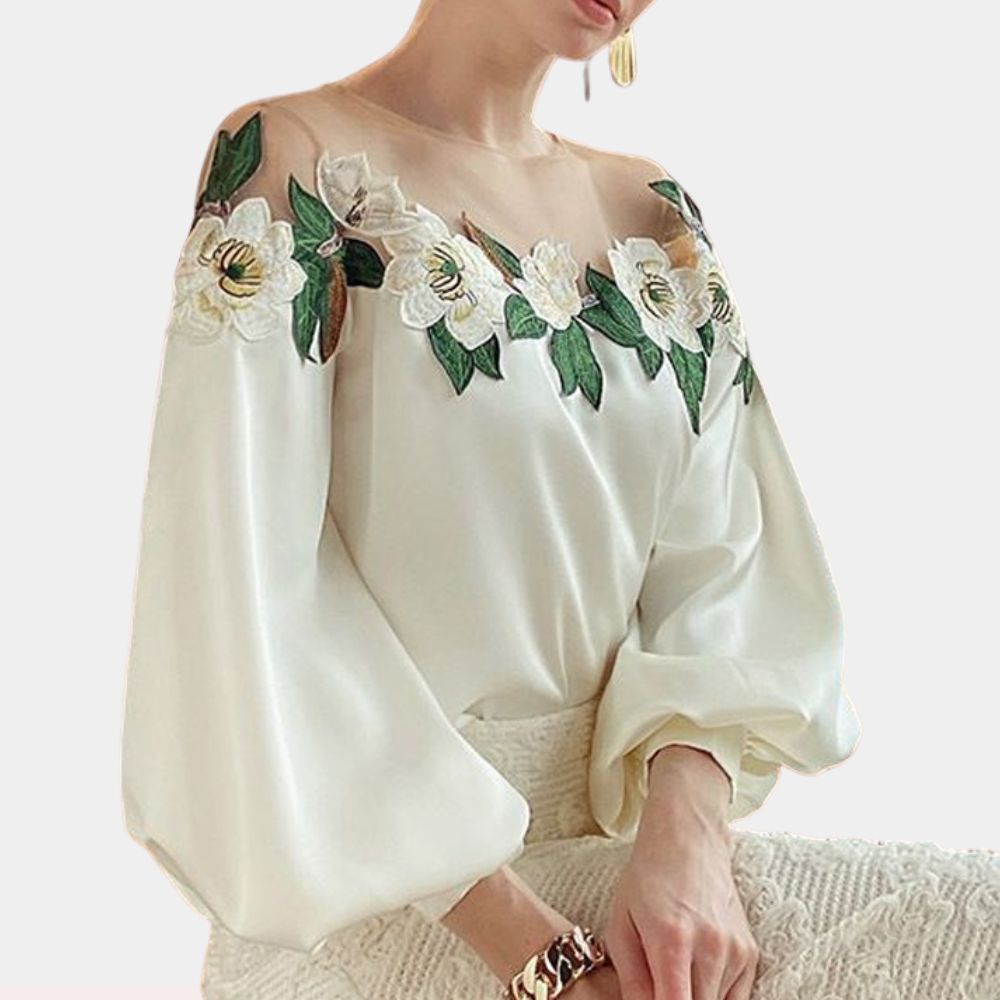 Beige Damenbluse mit Blumenmuster in lockerer Passform – Elvira