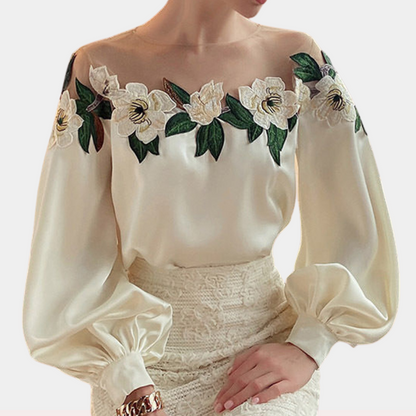 Beige Damenbluse mit Blumenmuster in lockerer Passform – Elvira