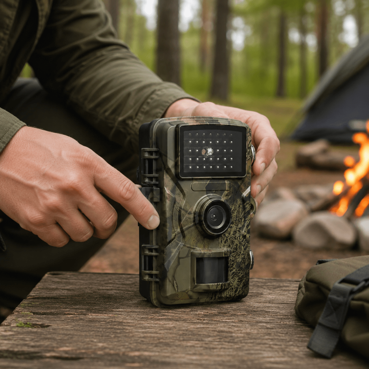 Hände halten die Kamera mit Infrarot-LEDs, Objektiv und Bewegungssensor auf einem Holztisch im Wald, im Hintergrund ein Lagerfeuer. 2