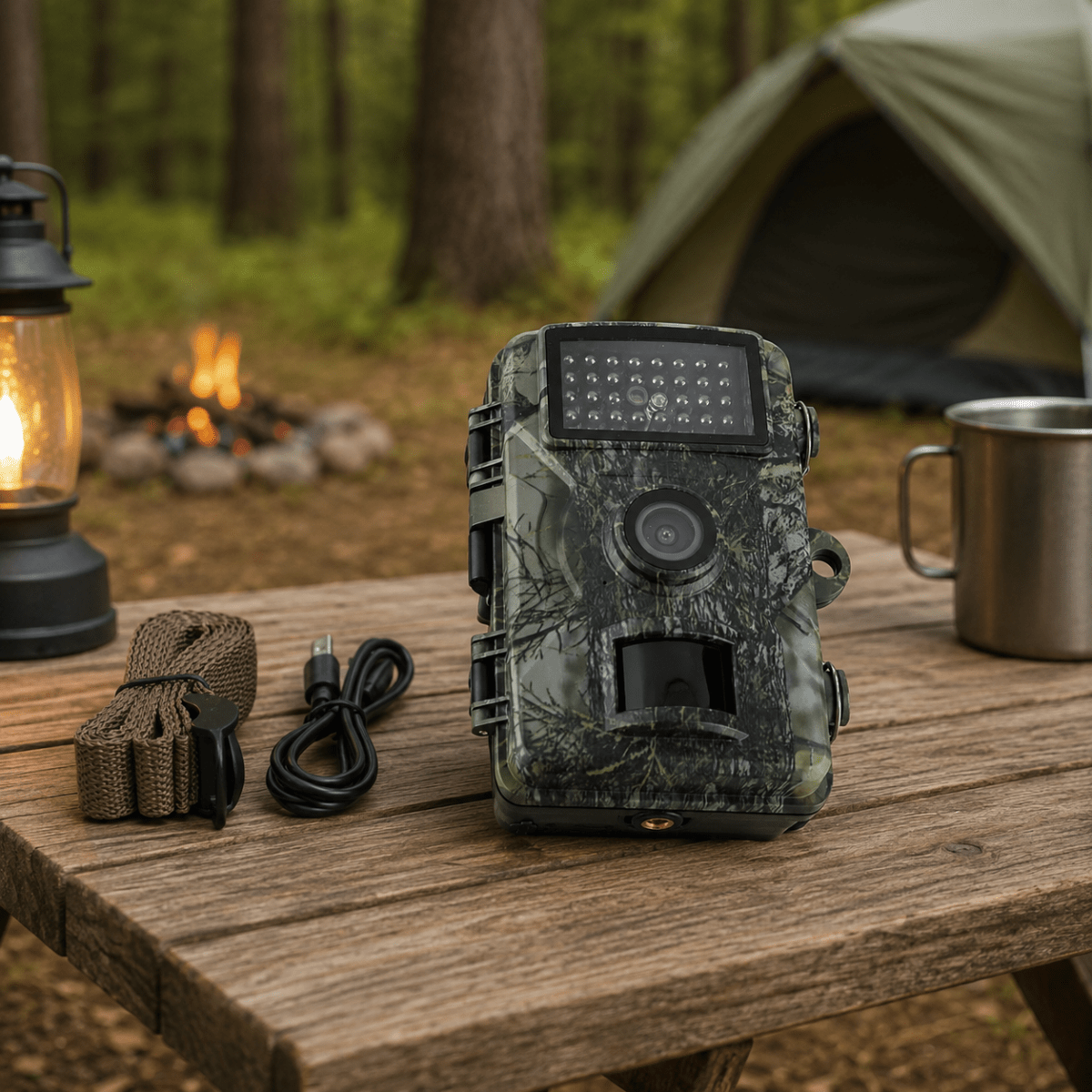 Tarnfarbene Kamera auf einem Holztisch am Lagerfeuer, daneben Befestigungsgurt, USB-Kabel, Laterne und Metalltasse vor einem Zelt im Wald. 1