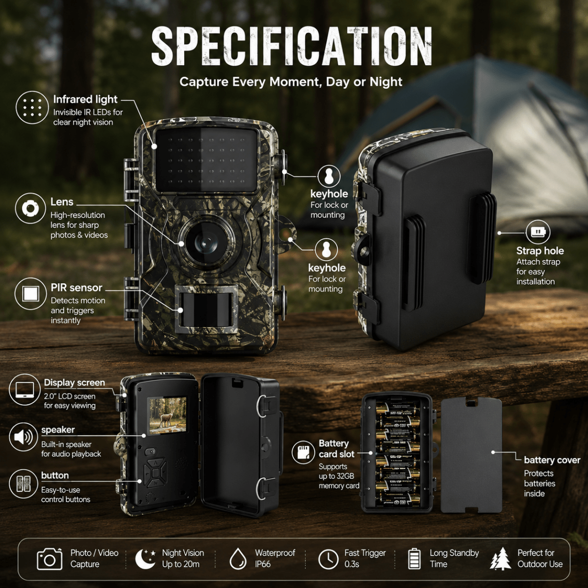 Infografik mit beschrifteten Bauteilen der Kamera: Infrarotlicht, Objektiv, Sensor, Display, Tasten, Lautsprecher, Aufhängeösen, Speicherkartenslot und Batterie 5