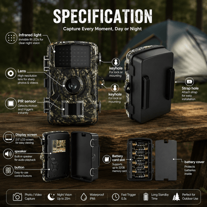 Infografik mit beschrifteten Bauteilen der Kamera: Infrarotlicht, Objektiv, Sensor, Display, Tasten, Lautsprecher, Aufhängeösen, Speicherkartenslot und Batterie 5