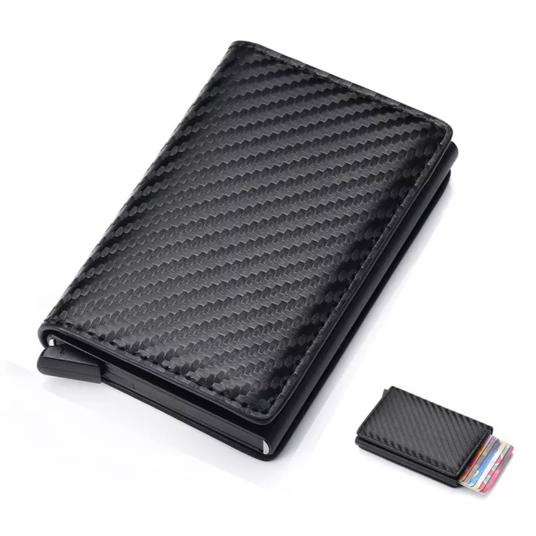 Schwarzes Carbonfaser-Portemonnaie mit Kartenhalter, schlankes Design, RFID-Schutz.