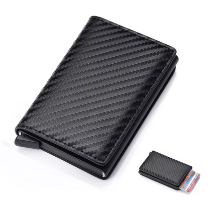 Schwarzes Carbonfaser-Portemonnaie mit Kartenhalter, schlankes Design, RFID-Schutz.