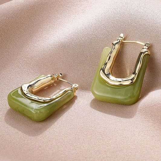 Grüne Ohrringe aus Harz und Gold, rechteckig, modisch, Schmuck für Damen.