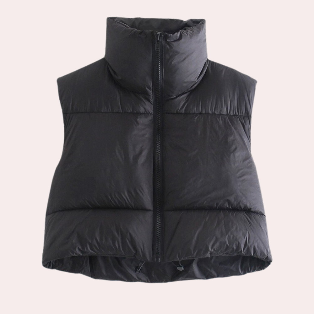Schwarze Daunenweste, ärmellos, mit Reißverschluss, Wintermode, warm, Unisex, Outdoor-Bekleidung.