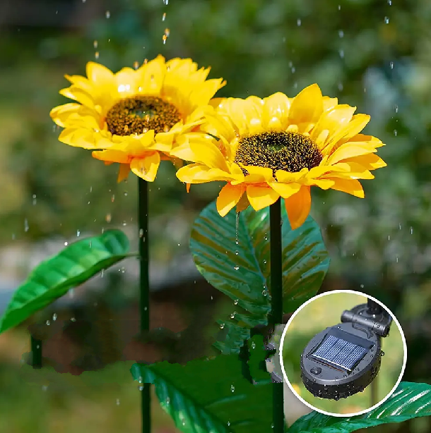 Zwei gelbe Solar-Sonnenblumenleuchten im Regen, Garten-Dekoration, umweltfreundlich.