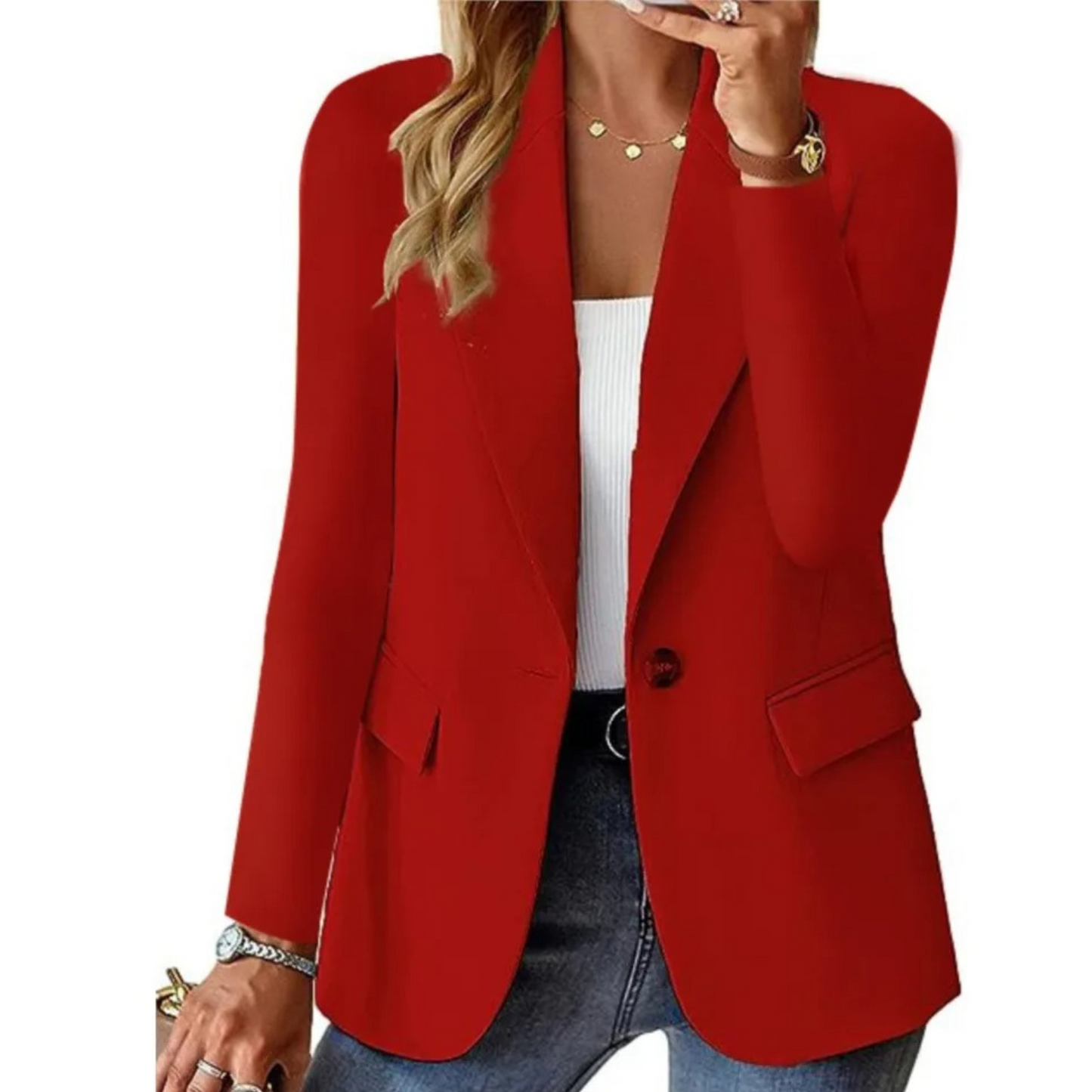 Roter Damenblazer, lange Ärmel, schlank, mit Taschen, modisch, elegant, Büro-Outfit.