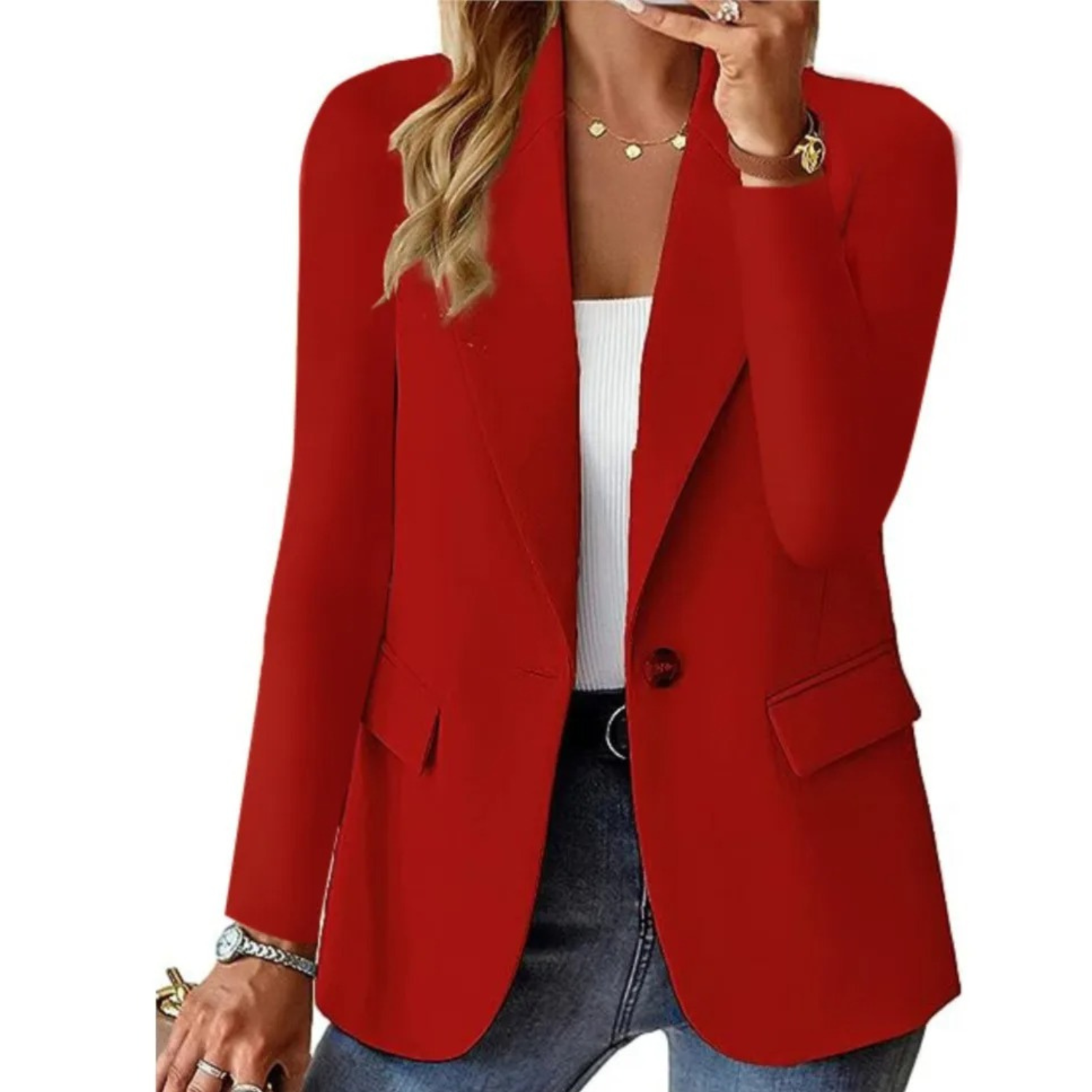 Roter Damenblazer, lange Ärmel, schlank, mit Taschen, modisch, elegant, Büro-Outfit.
