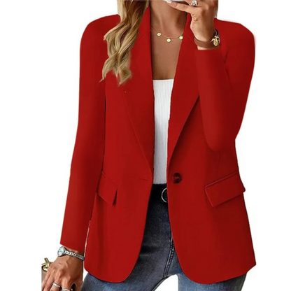 Roter Damenblazer, lange Ärmel, schlank, mit Taschen, modisch, elegant, Büro-Outfit.