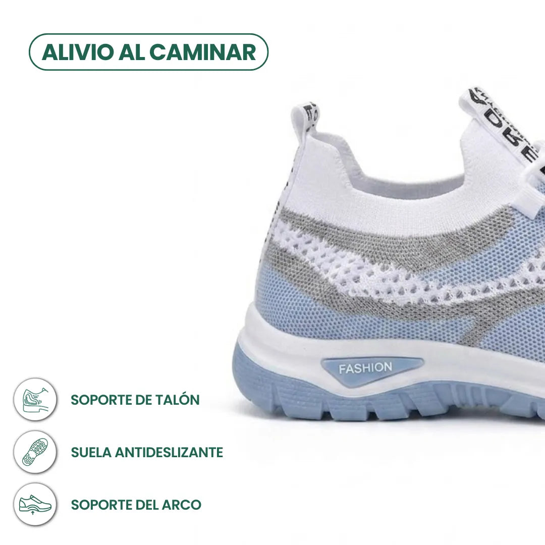 Fersenbereich des weißen Sneakers mit hellblauer Sohle, ergänzt durch Symbole zu Fersenhalt, rutschfester Sohle und Fußgewölbestütze 4