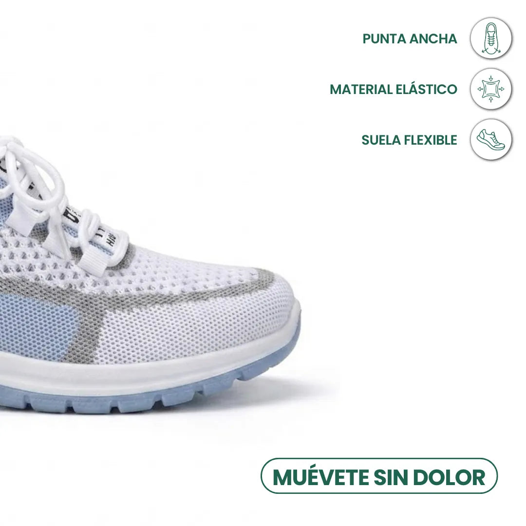 Vorderer Schuhbereich mit breiter Zehenbox in weißem Mesh, daneben Symbole für elastisches Material und flexible Sohle 5