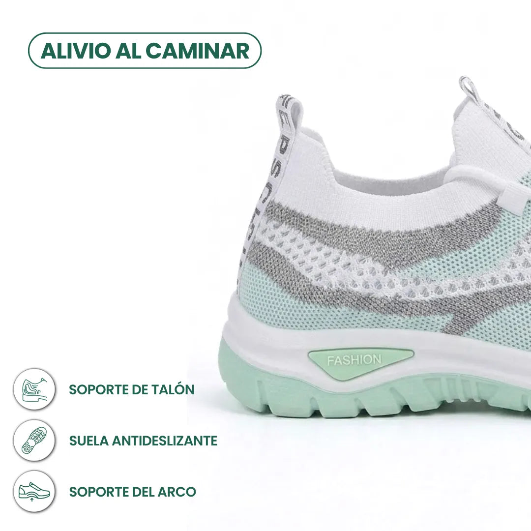 Fersenbereich des weißen Sneakers mit mintgrüner Sohle, mit Symbolen zu Fersenhalt, rutschfester Sohle und Fußgewölbestütze 13