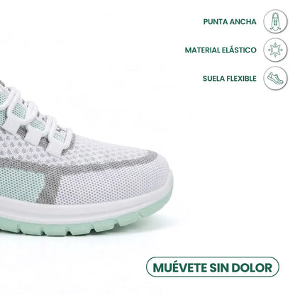 Vorderer Schuhbereich mit breiter Zehenbox in weißem Mesh mit mintgrüner Sohle, daneben Symbole für elastisches Material und flexible Sohle 14