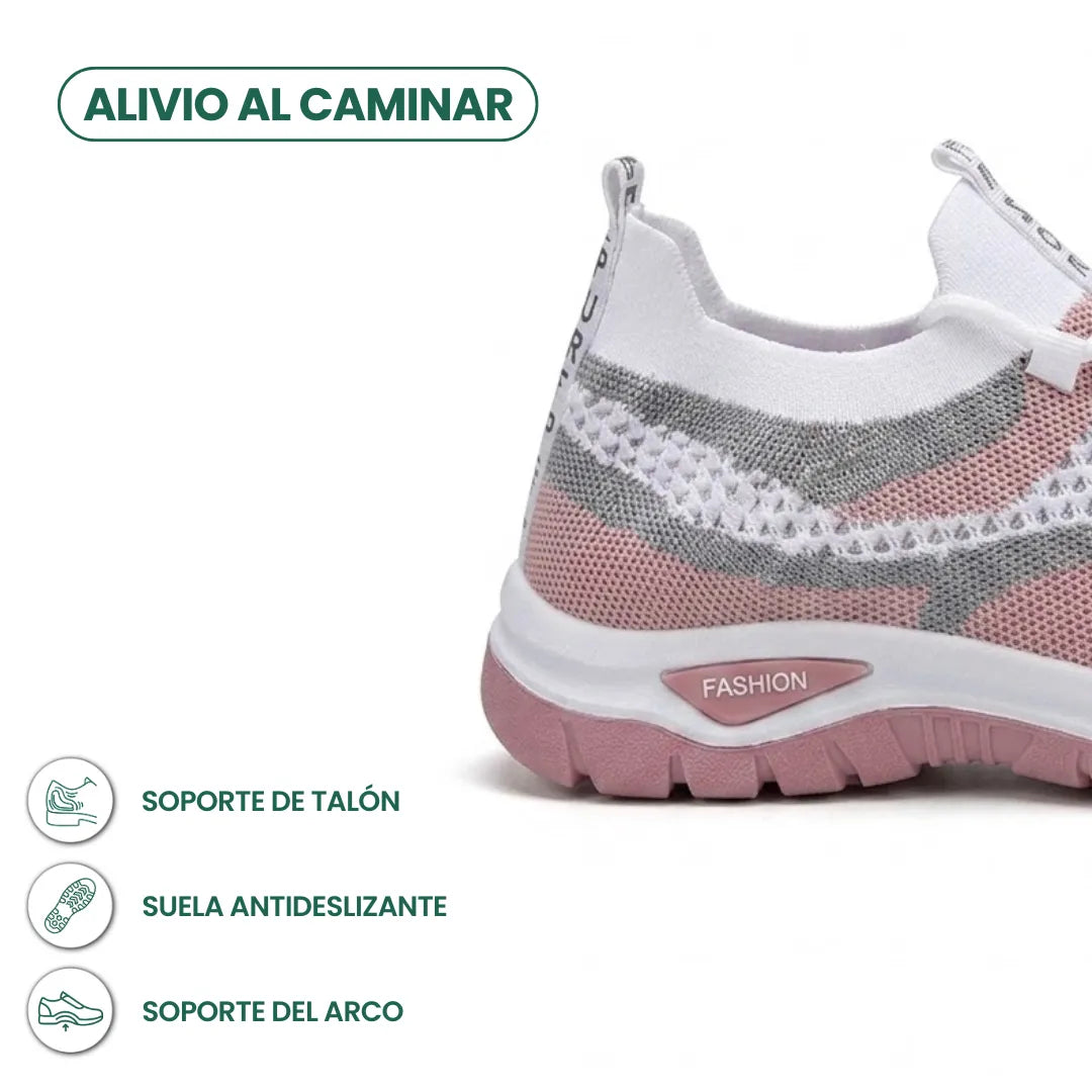 Detailansicht der Ferse des weiß-rosa Mesh-Sneakers mit rutschfester Sohle und Infosymbolen zu Fersen- und Fußgewölbeunterstützung. 22