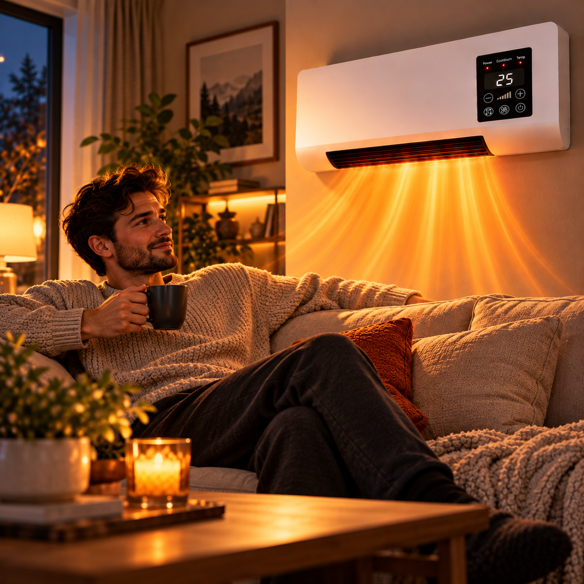 Mann entspannt mit Tasse auf dem Sofa, vom Wandheizer strömt warme Luft nach unten 3