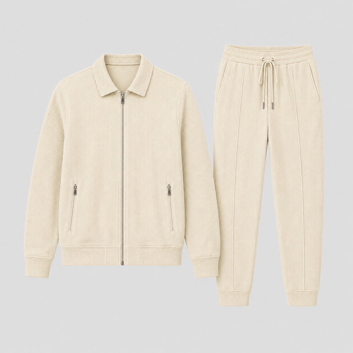 Beiges Set als Flat Lay: Jacke mit Reißverschluss und Bündchen neben Hose mit Kordelzug und Beinbündchen 6