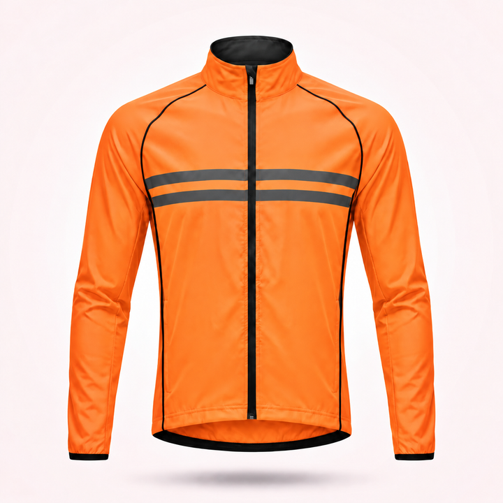 Orange Jacke von vorn mit Stehkragen, schwarzem Reißverschluss und zwei grauen reflektierenden Streifen auf der Brust. 15