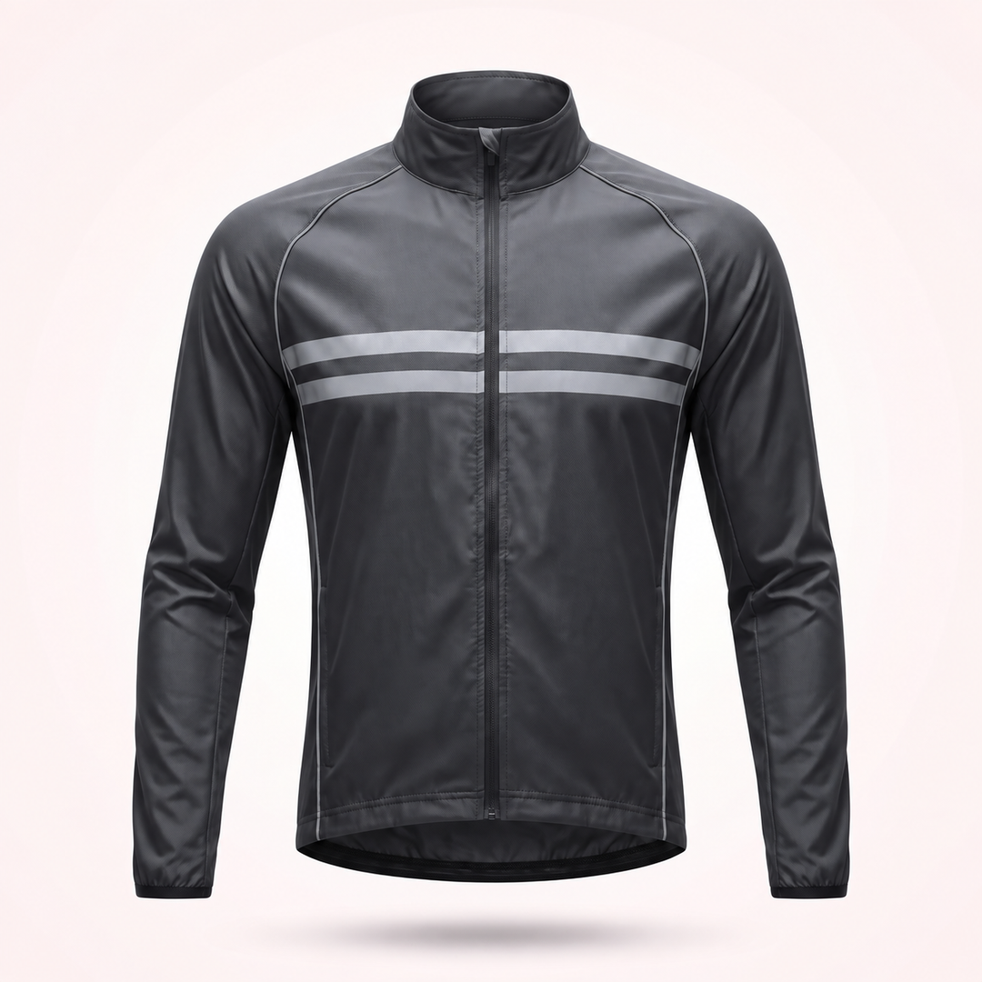 Frontansicht der schwarzen Fahrradjacke mit Stehkragen, durchgehendem Reißverschluss und zwei breiten reflektierenden Streifen auf der Brust. 1