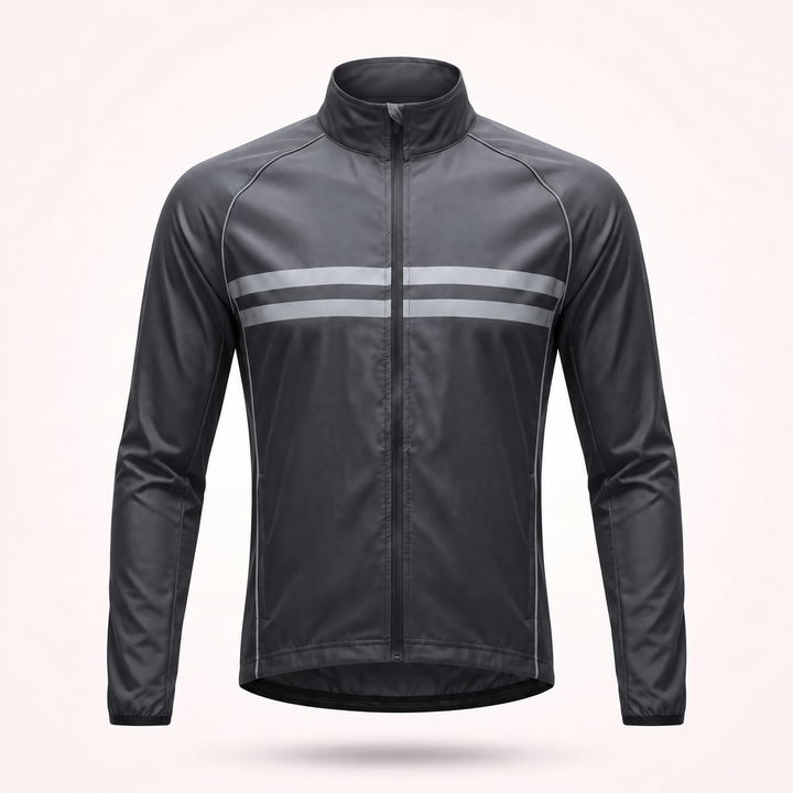 Frontansicht der schwarzen Fahrradjacke mit Stehkragen, durchgehendem Reißverschluss und zwei breiten reflektierenden Streifen auf der Brust. 1