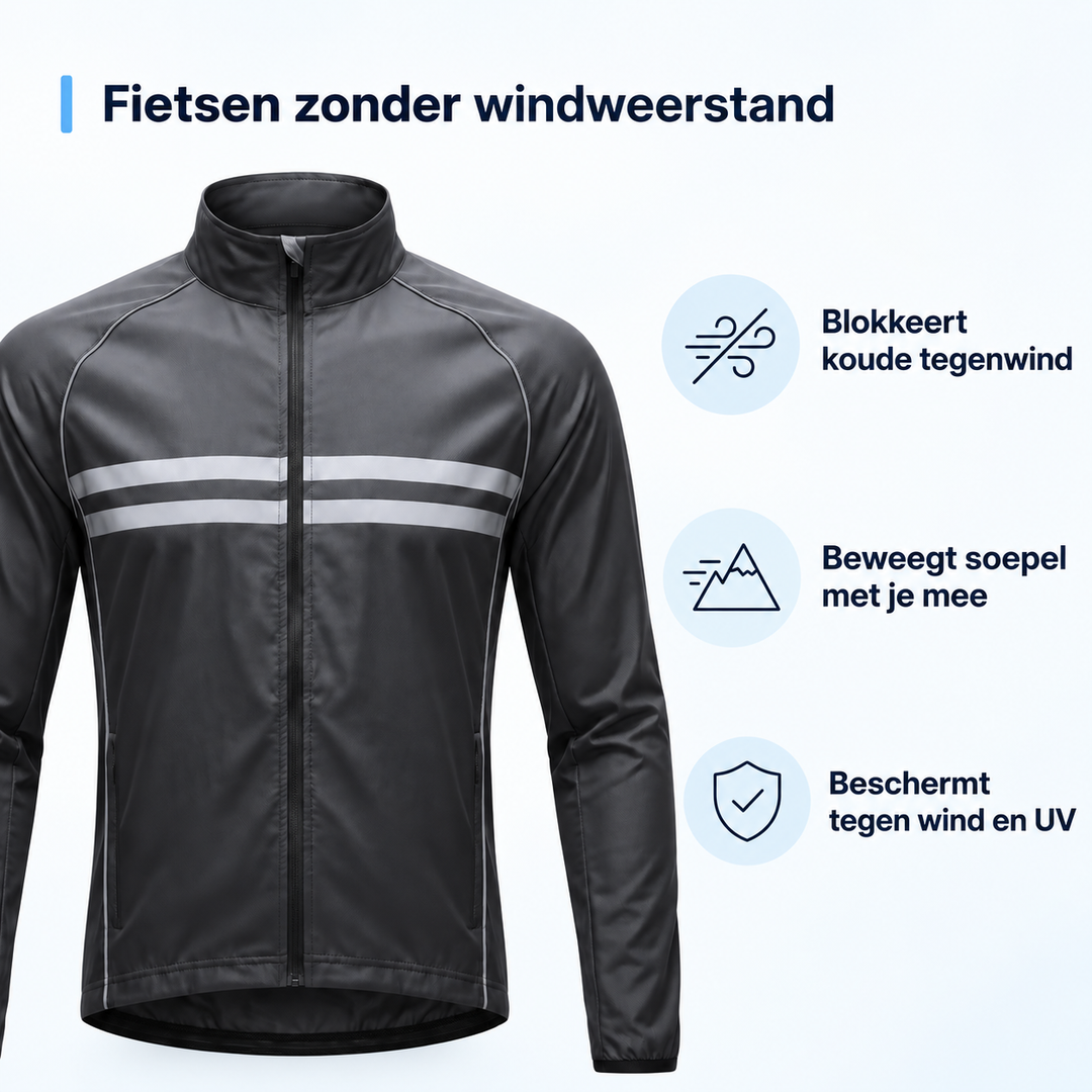 Schwarze Jacke von vorn mit Symbolen und Hinweisen zu Windschutz, flexibler Passform und Schutz vor Wind und UV-Strahlen. 3