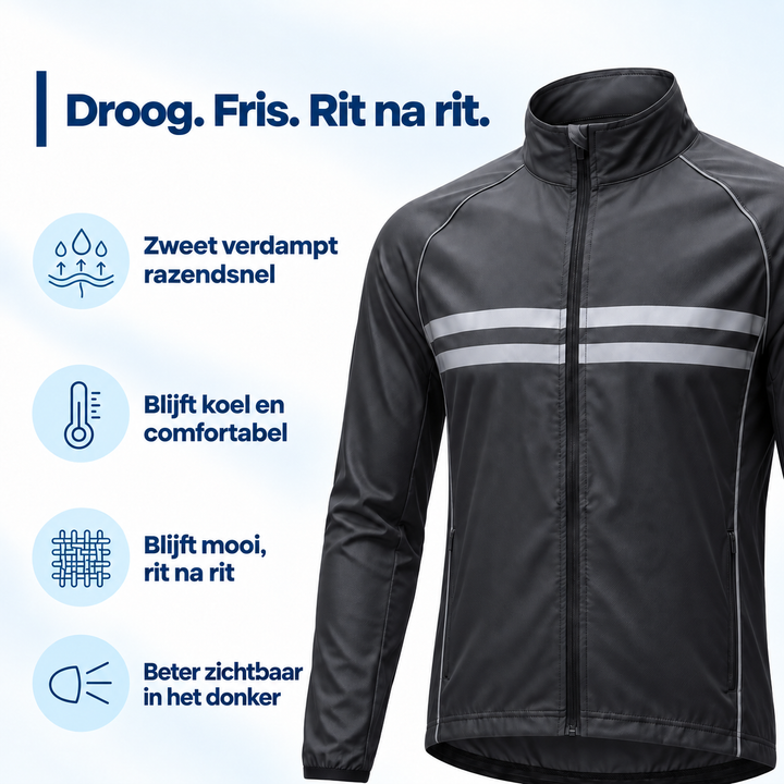 Schwarze Jacke schräg von vorn, daneben vier Symbole für schnelles Trocknen, angenehme Temperatur, Haltbarkeit und bessere Sichtbarkeit im Dunkeln. 4