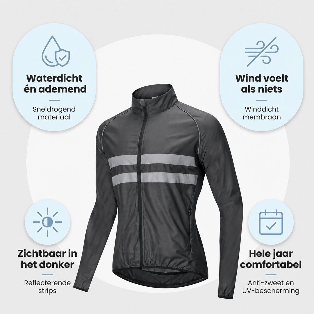 Schwarze Jacke mit vier Infofeldern zu Wasserdichtigkeit, Winddichtigkeit, Sichtbarkeit durch Reflektoren und Komfort rund ums Jahr. 7