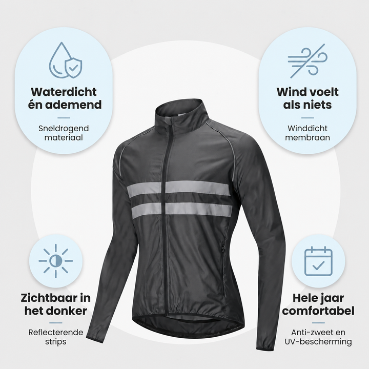 Schwarze Jacke mit vier Infofeldern zu Wasserdichtigkeit, Winddichtigkeit, Sichtbarkeit durch Reflektoren und Komfort rund ums Jahr. 7