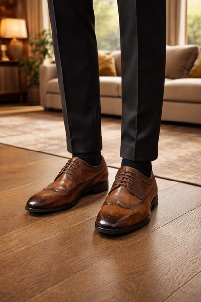 Braune Lederschuhe mit Lochmuster, getragen zu dunkler Anzughose und schwarzen Socken, auf Holzboden in einem Wohnzimmer. 1