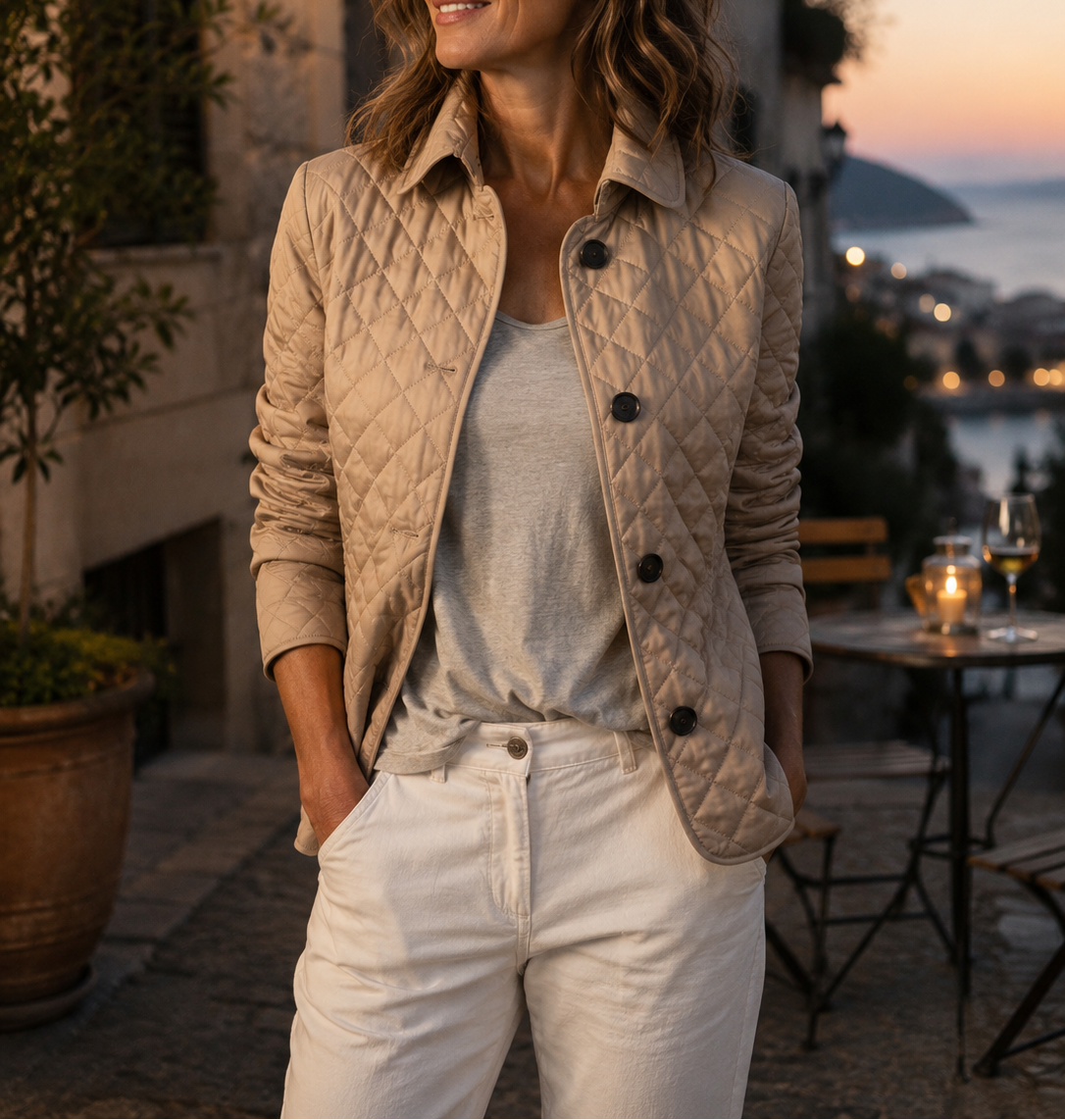 Beige Steppjacke mit Knöpfen, offen über grauem Shirt getragen, abends auf einer Terrasse am Meer 2
