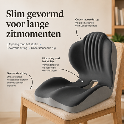 Sitzkissen auf einem Stuhl mit Pfeilen zu Rückenstütze, Aussparung am Steißbein und geformter Sitzfläche 7