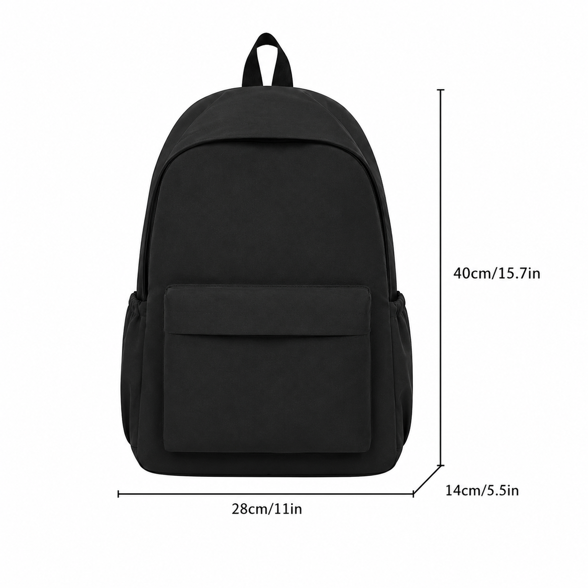 Schwarzer Rucksack mit eingezeichneten Maßen für Höhe, Breite und Tiefe, die Bemaßung zeigt 40, 28 und 14 Zentimeter. 9