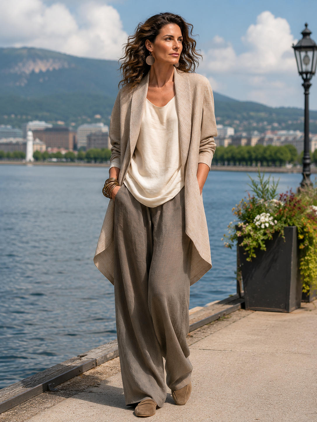 Model trägt das dreiteilige Set beim Spaziergang an einer Seepromenade mit Blumenkübel, Laterne und Bergen im Hintergrund. 7