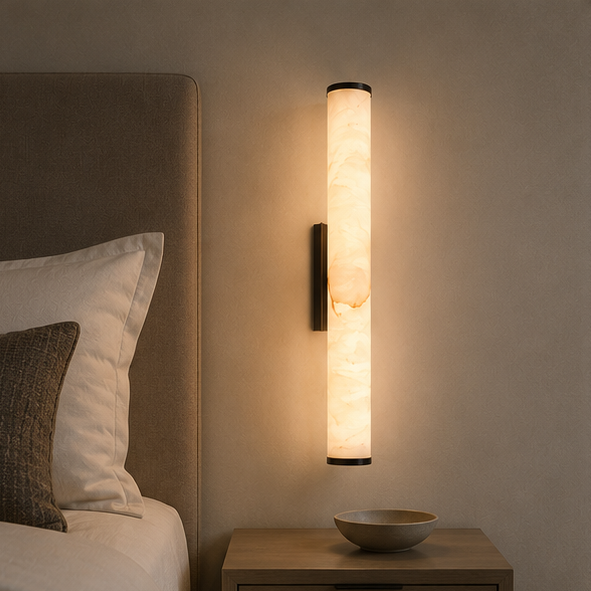 Wandlampe mit schwarzer Halterung und marmoriertem Leuchtzylinder über einem Holznachttisch mit Schale, neben dem Kopfteil eines Bettes. 9
