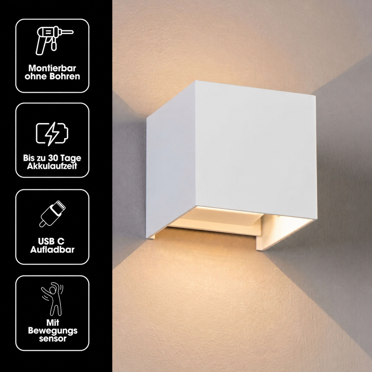Weiße Würfelleuchte an der Wand mit denselben vier Symbolen zu Montage ohne Bohren, Akku, USB-C und Bewegungssensor. 19