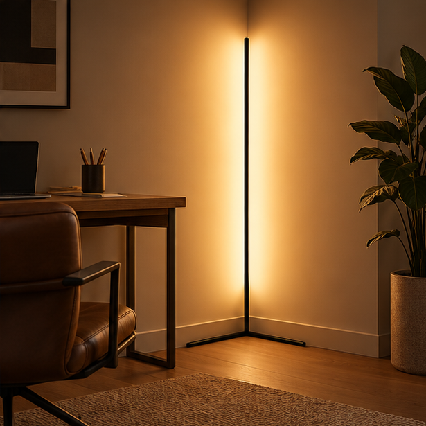 Schwarze Eck-Stehlampe als Ambientelicht im Arbeitszimmer, neben Schreibtisch mit Laptop, Ledersessel und großer Pflanze. 3